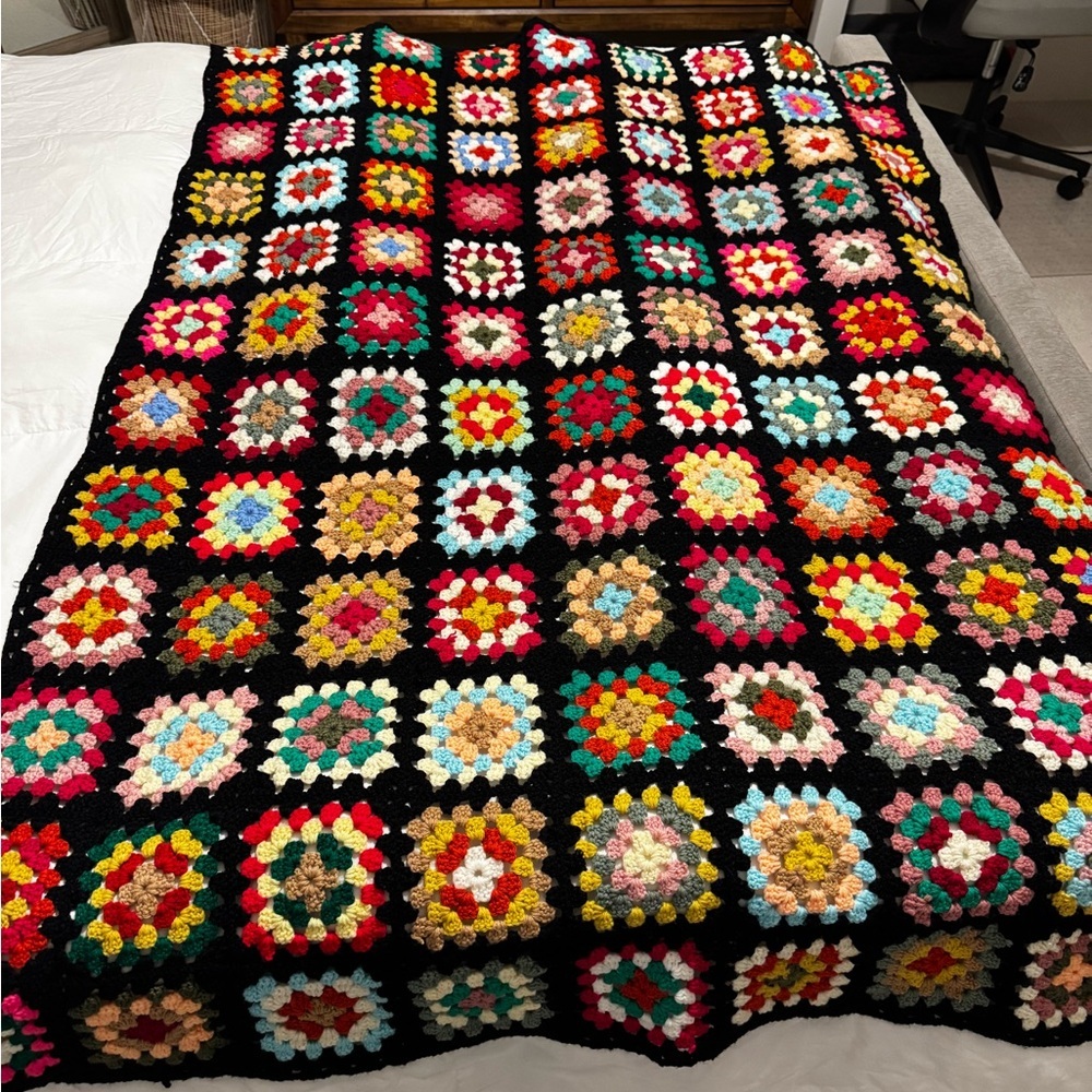 Vintage Colorful Crochet Patchwork Blanket